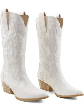 Women's White Mid-calf Cowboy Boots Pointy Toe Embroidered Western